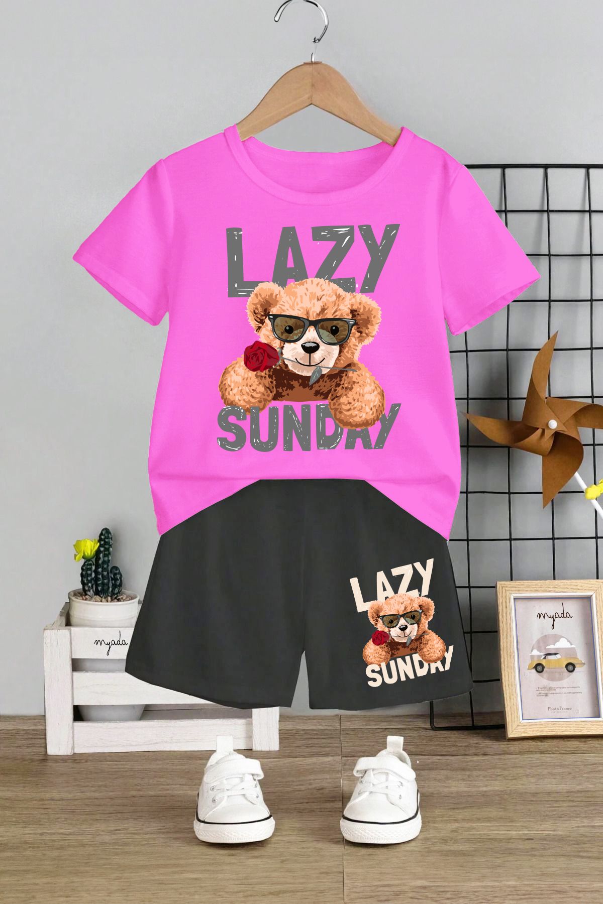 MYADA-Set pentru copii cu decolteu rotund cu imprimeu Lazy Sunday Rose - pantaloni scurți elastici, 12659 1