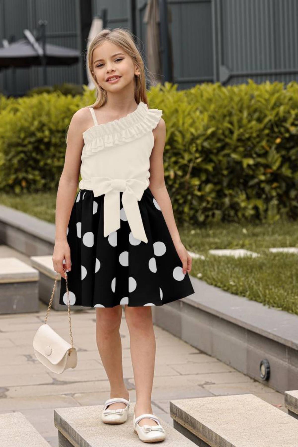Girl One Shoulder and Chest Ruffle Detailed White Dress with Skirt and Pounding