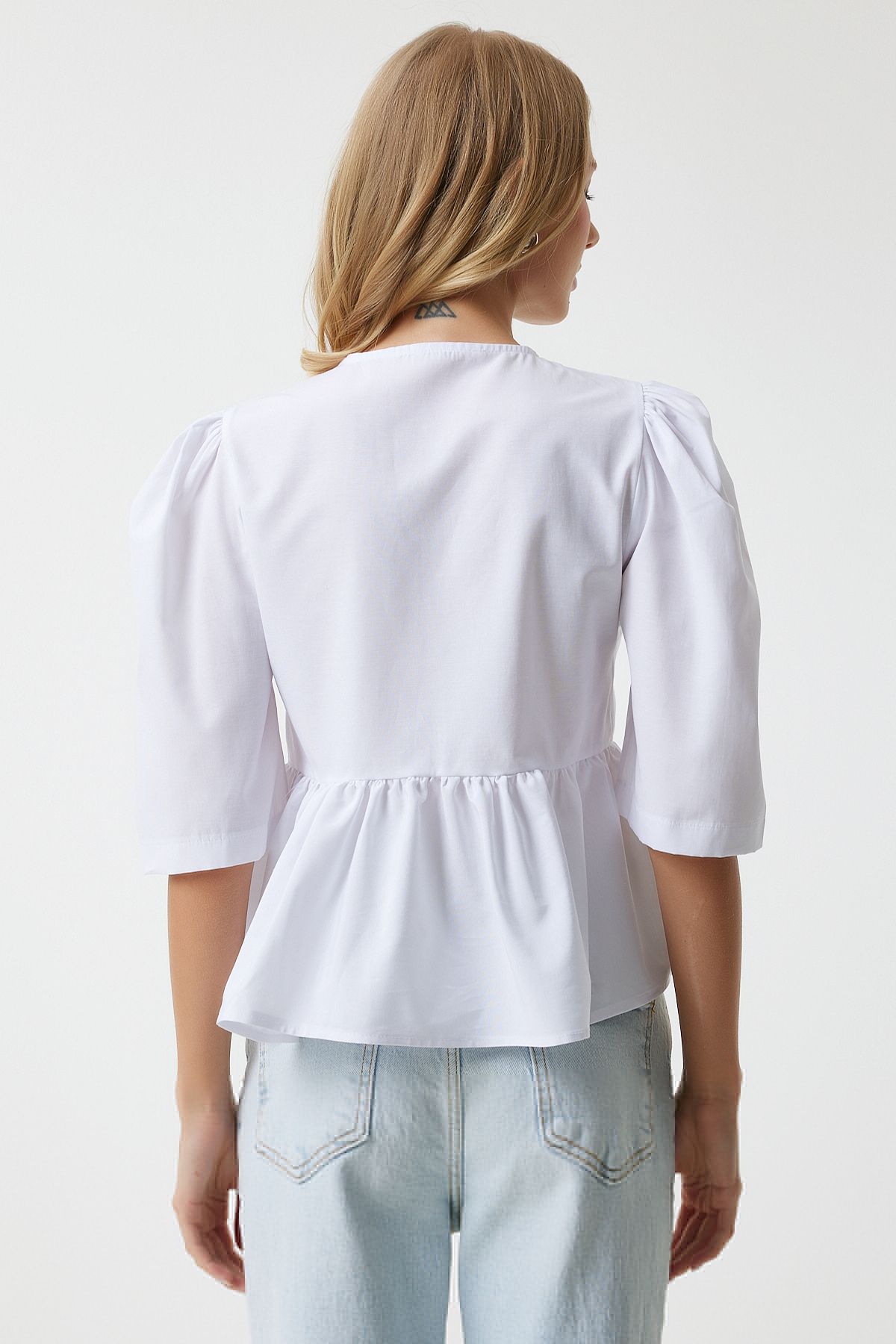 Happiness İstanbul-White Balloon Sleeve Bow Detailed Cotton Poplin Women's Blouse UL00022 6