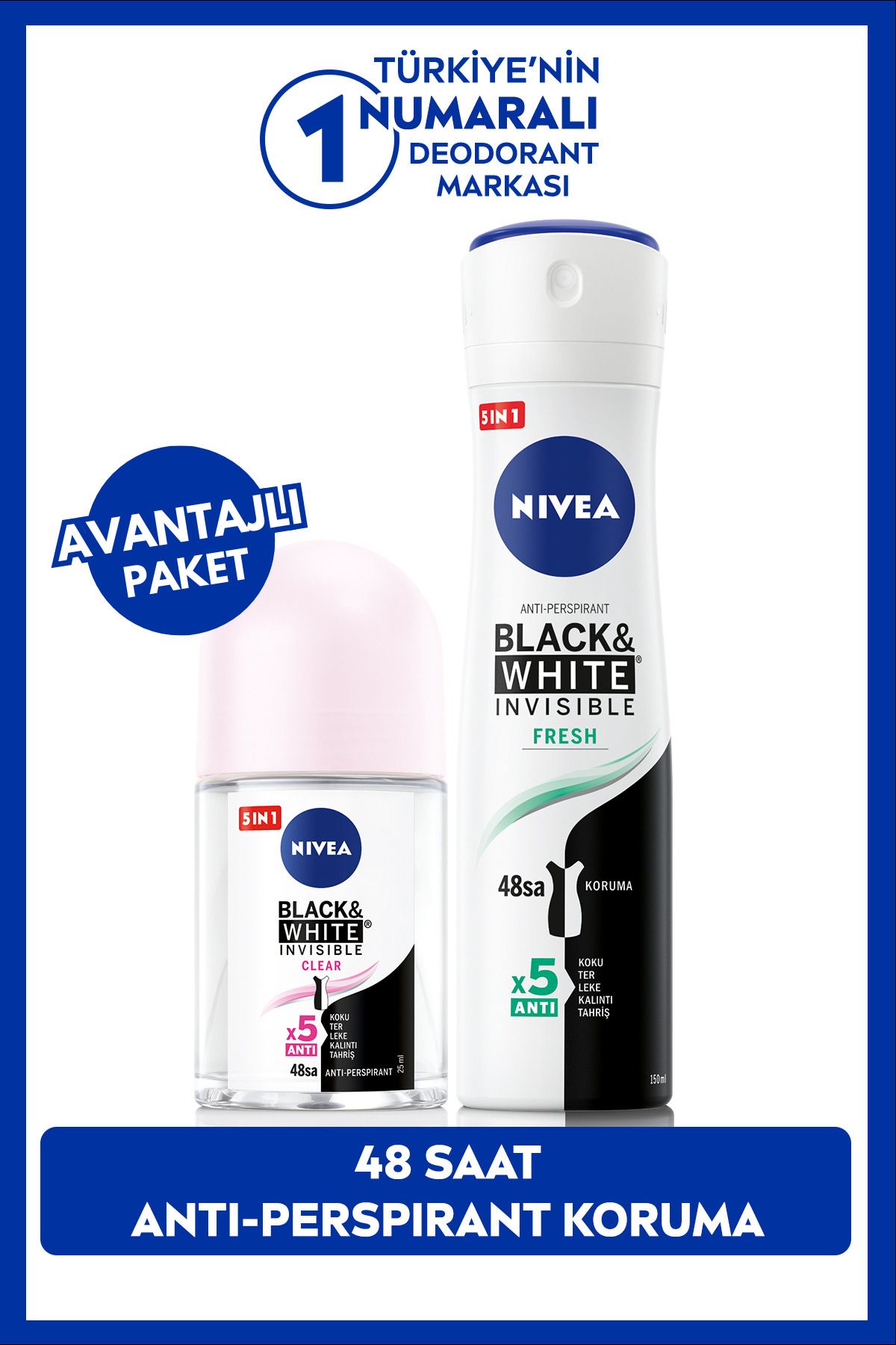 Женский дезодорант-спрей NIVEA Black&White Fresh 150 мл и шариковый мини-дезодорант Black&White 25 мл, против темных пятен SET.NVE.1014