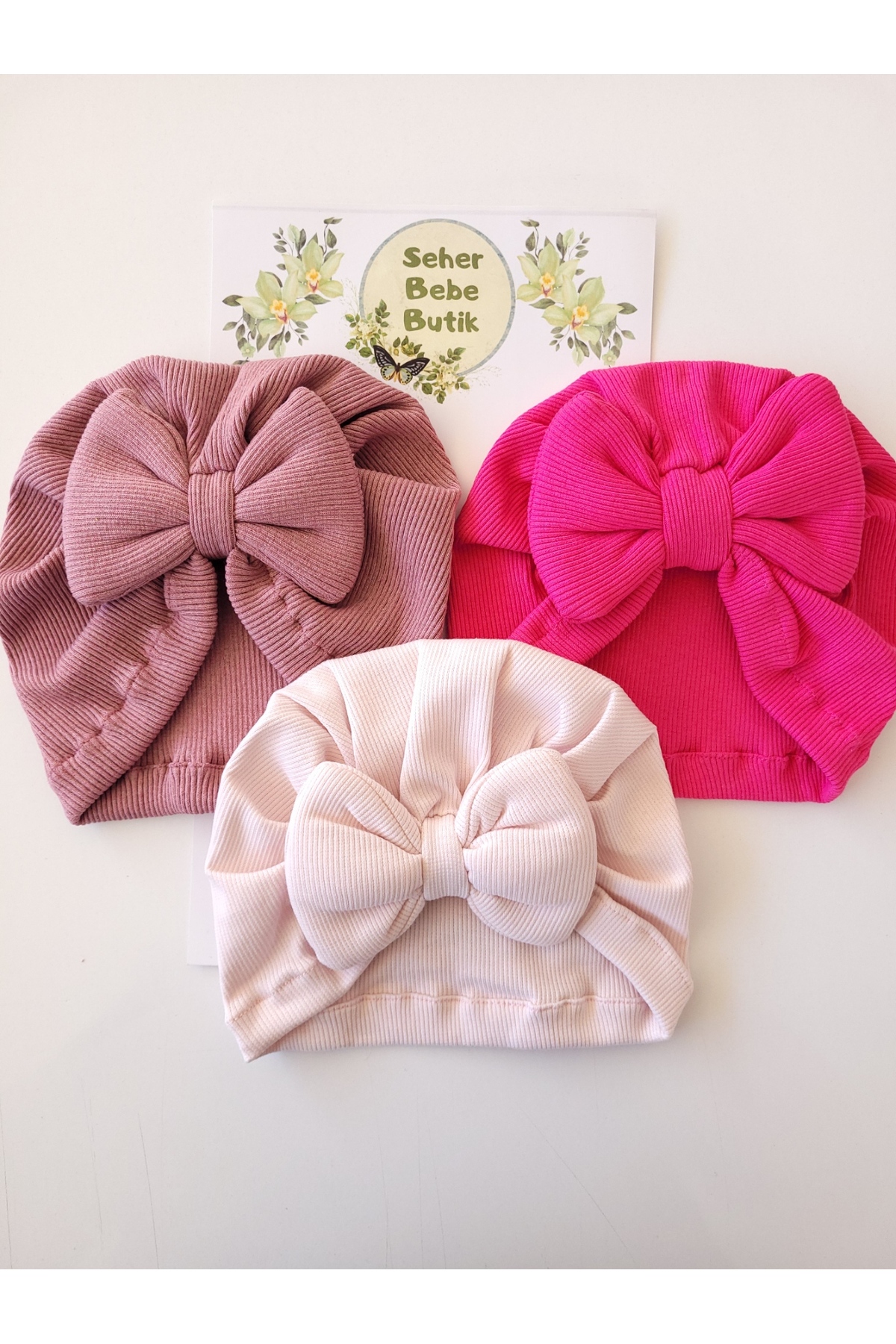 SeherBebeButik Kız Bebek & Çocuk Renkli Fiyonklu Bone 3'Lü Set fotoğrafı 2 (önizleme)