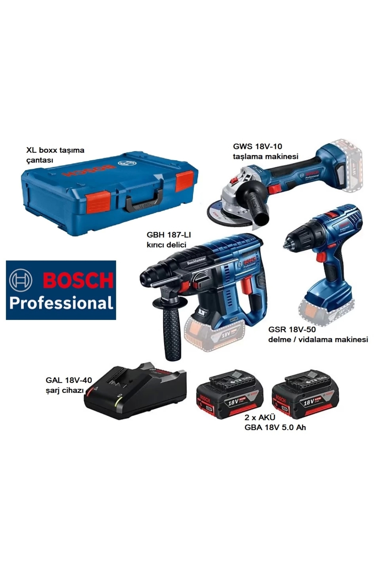 Bosch 3 lü set GBH 187-LI kırıcı delici + GWS 18V-10 taşlama makinesi ...