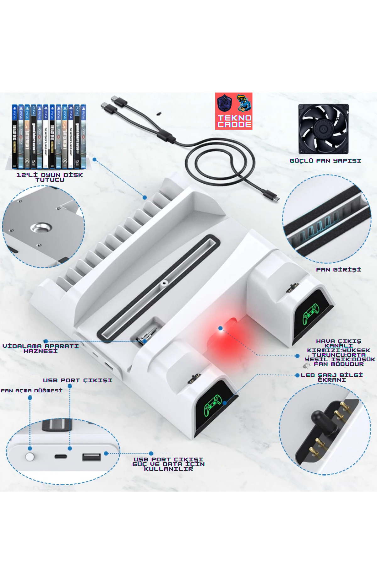 IV-P5235 Multifonksiyonel Ps5 Disk/Ps5 Dijital Uyumlu LED Şarj Stand Soğutucu Fan 5