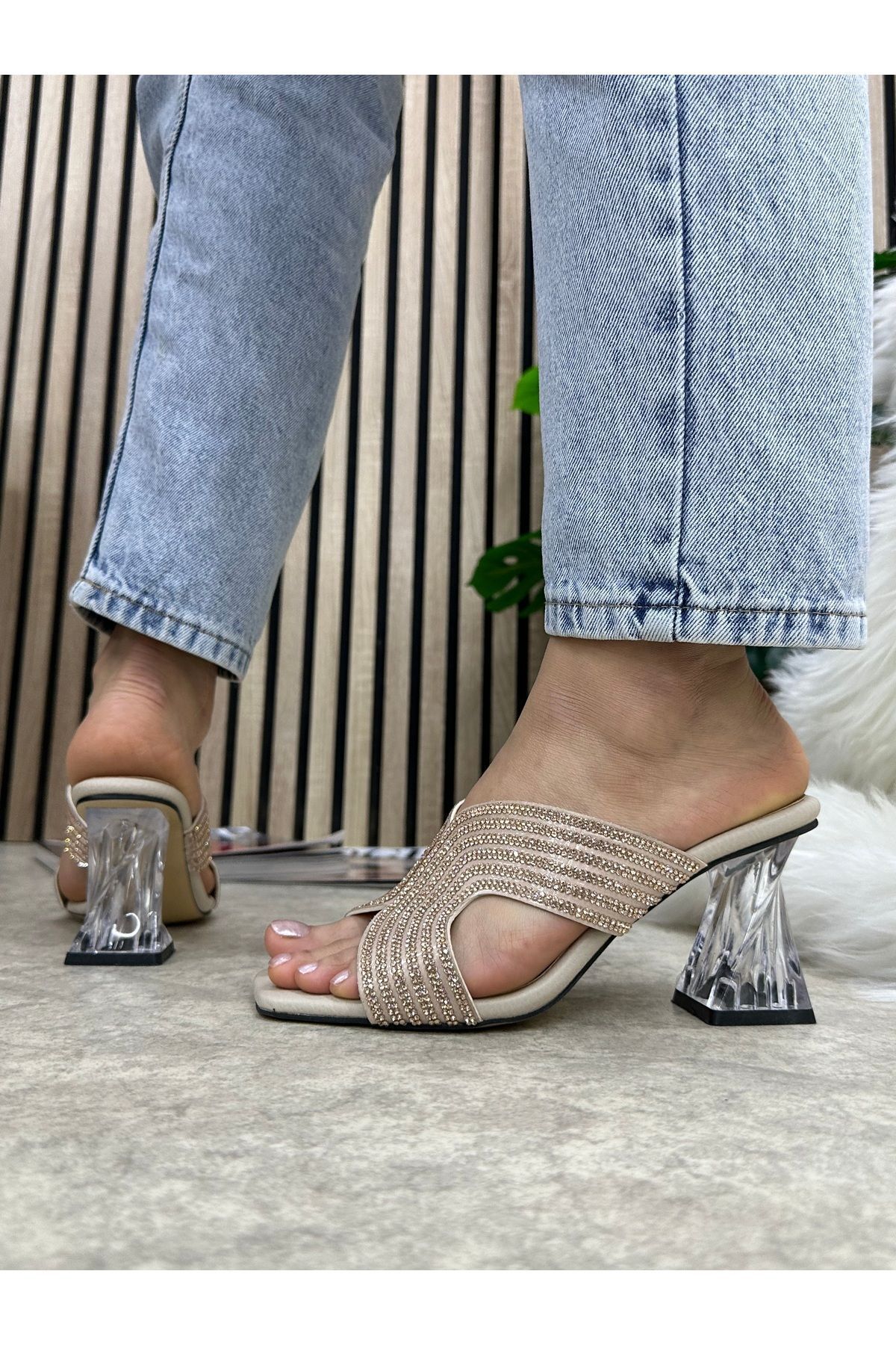 Nstil-Daily Women's Slippers Beige Matte Stone Blunt Toe Thick Transparent Heeled Comfortable Sole Lightweight Summer 84 5