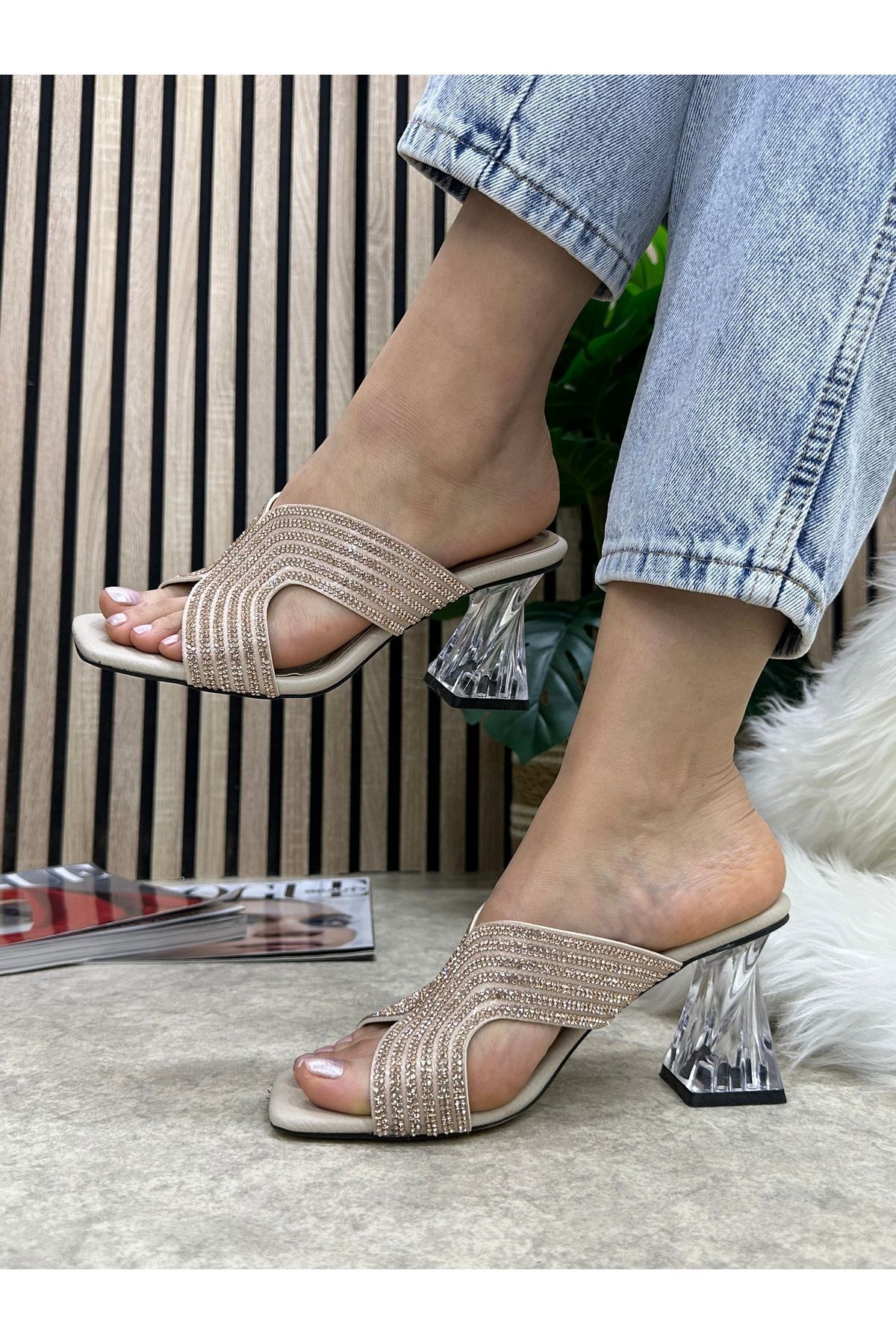 Nstil-Daily Women's Slippers Beige Matte Stone Blunt Toe Thick Transparent Heeled Comfortable Sole Lightweight Summer 84 7