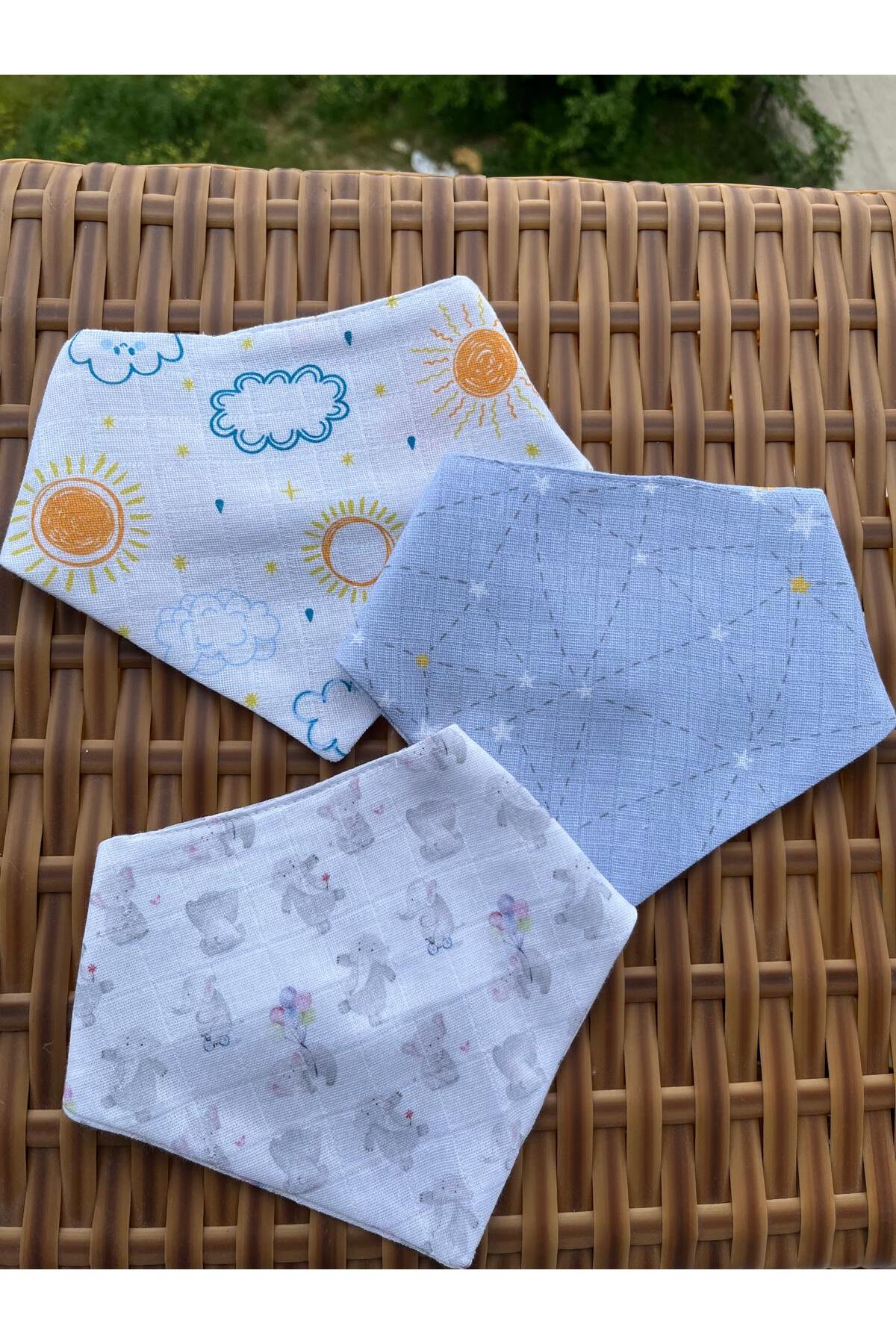 mugaSA - %100 Organik Pamuk, Bebek Mama Önlüğü, Fular, Yakalık,2 Katlı Muslin, 3lü Set (ERKEK BEBEK) fotoğrafı 2 (önizleme)