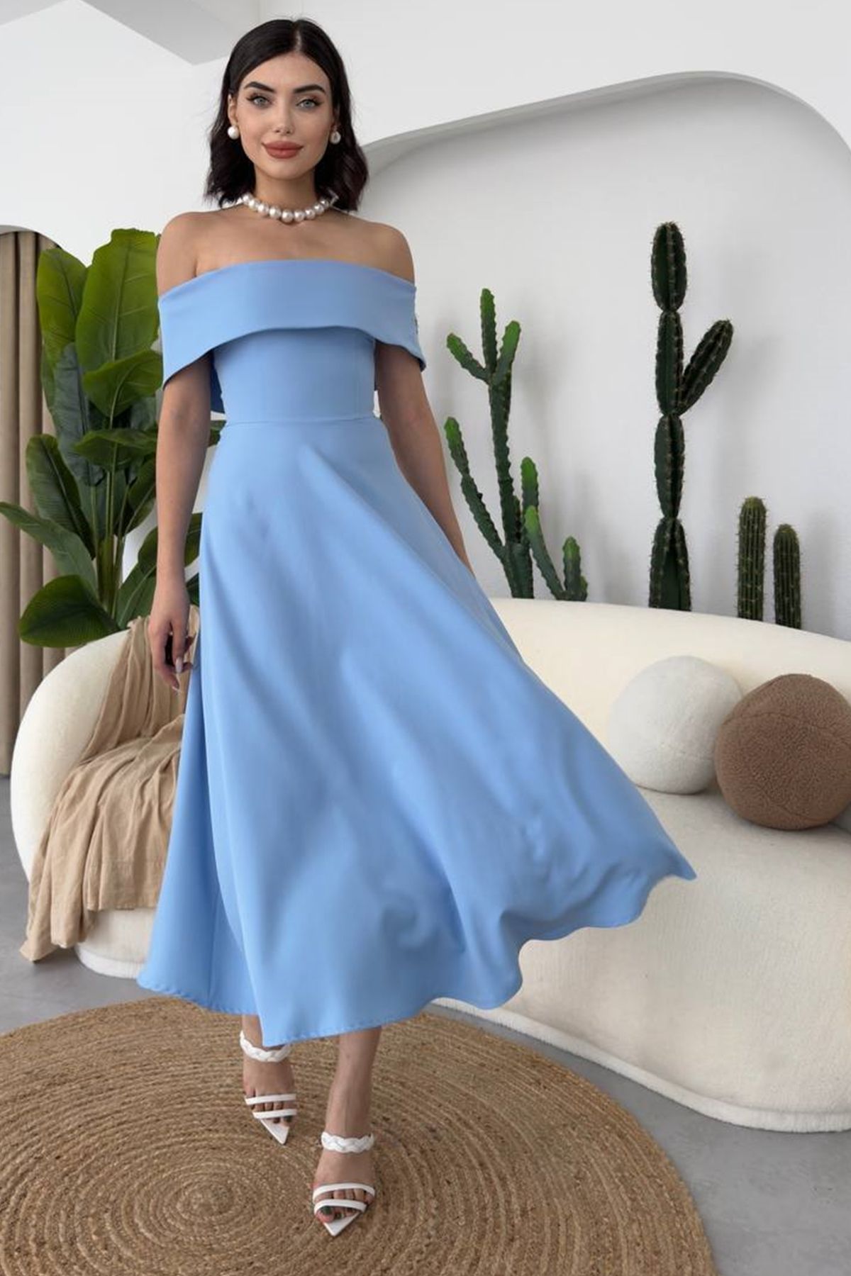 WOMAN VISION-Rochie midi evazată Atlas Baby Blue - Guler Madonna 222 7