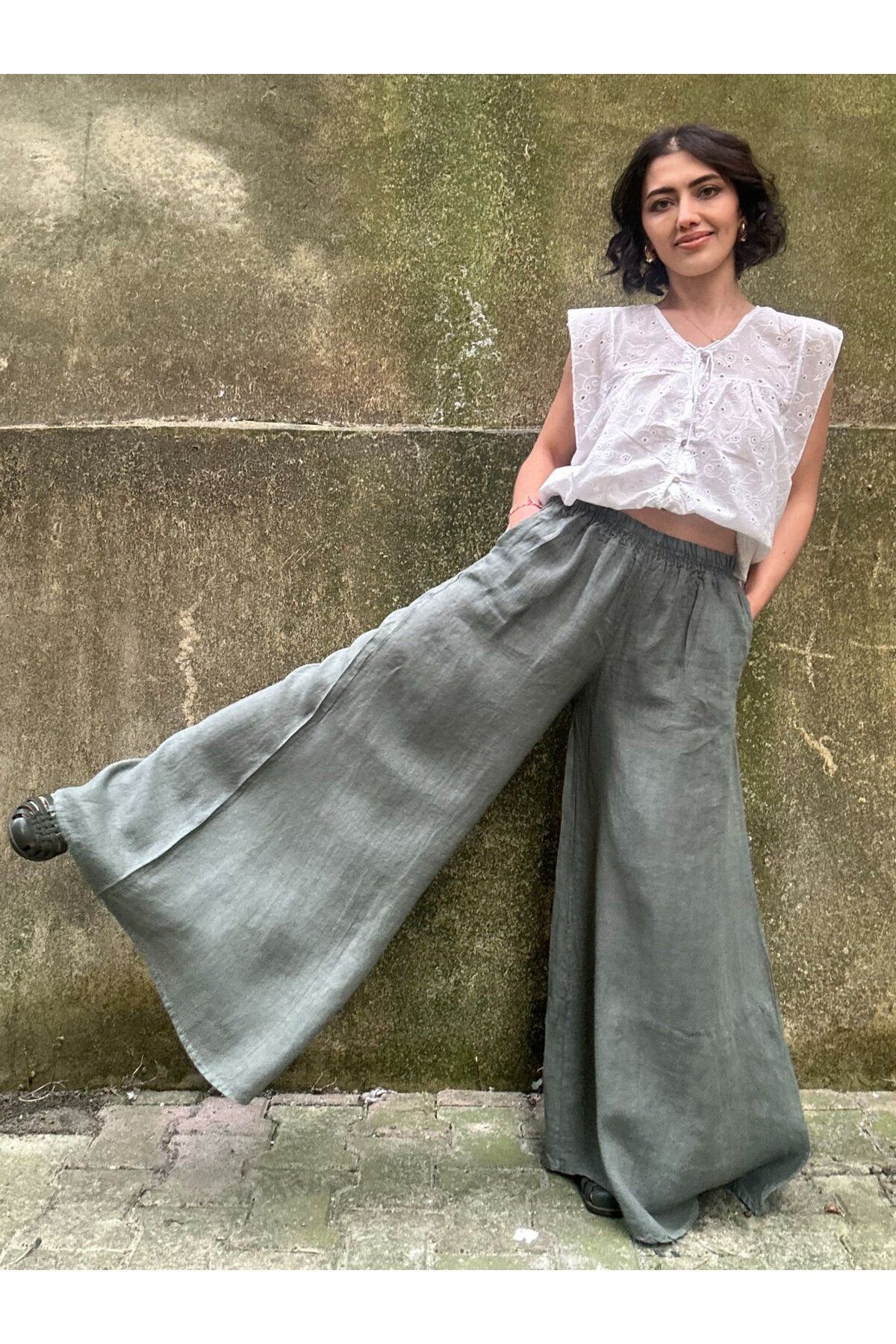 soBasic-Khaki Linen Trousers - Elastic Waist, Wide Leg, Pocket, STD Model 2
