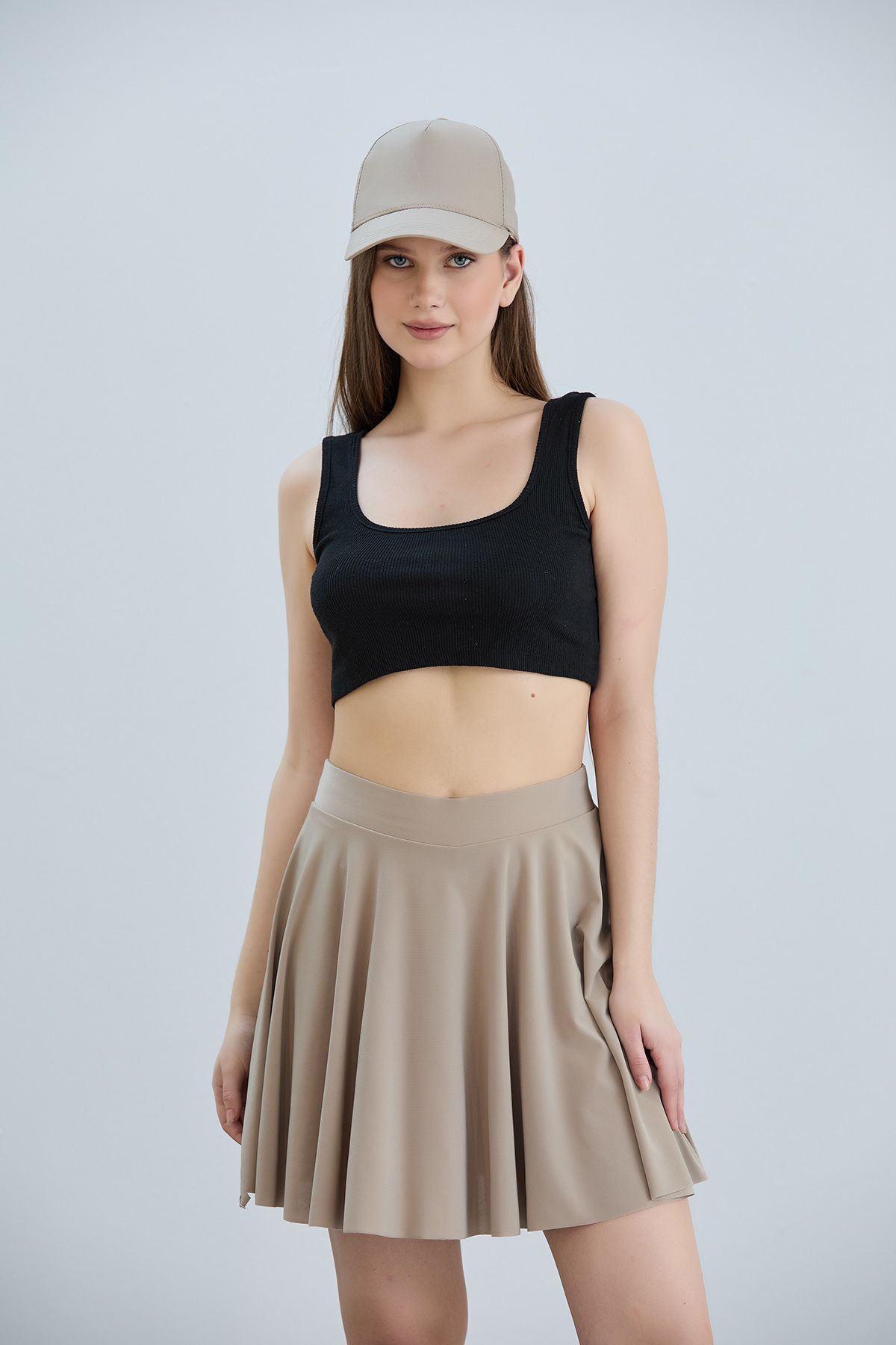 YUSUF CAN KARATAŞ KARATAŞ GİYİM-Mink Flared Sandy Fabric - Fusta scurtă cu volan, talie elastică 6