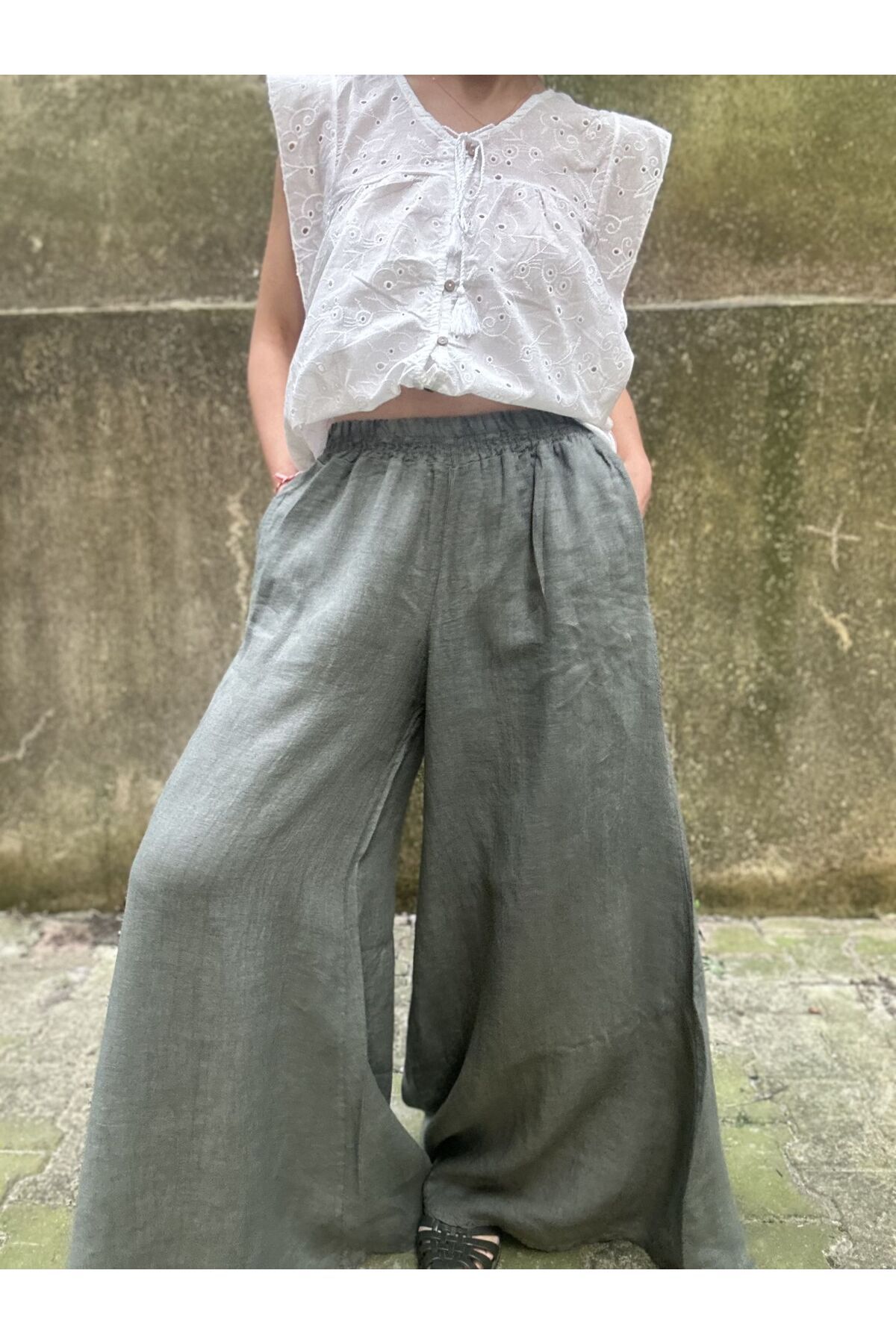 soBasic-Khaki Linen Trousers - Elastic Waist, Wide Leg, Pocket, STD Model 6