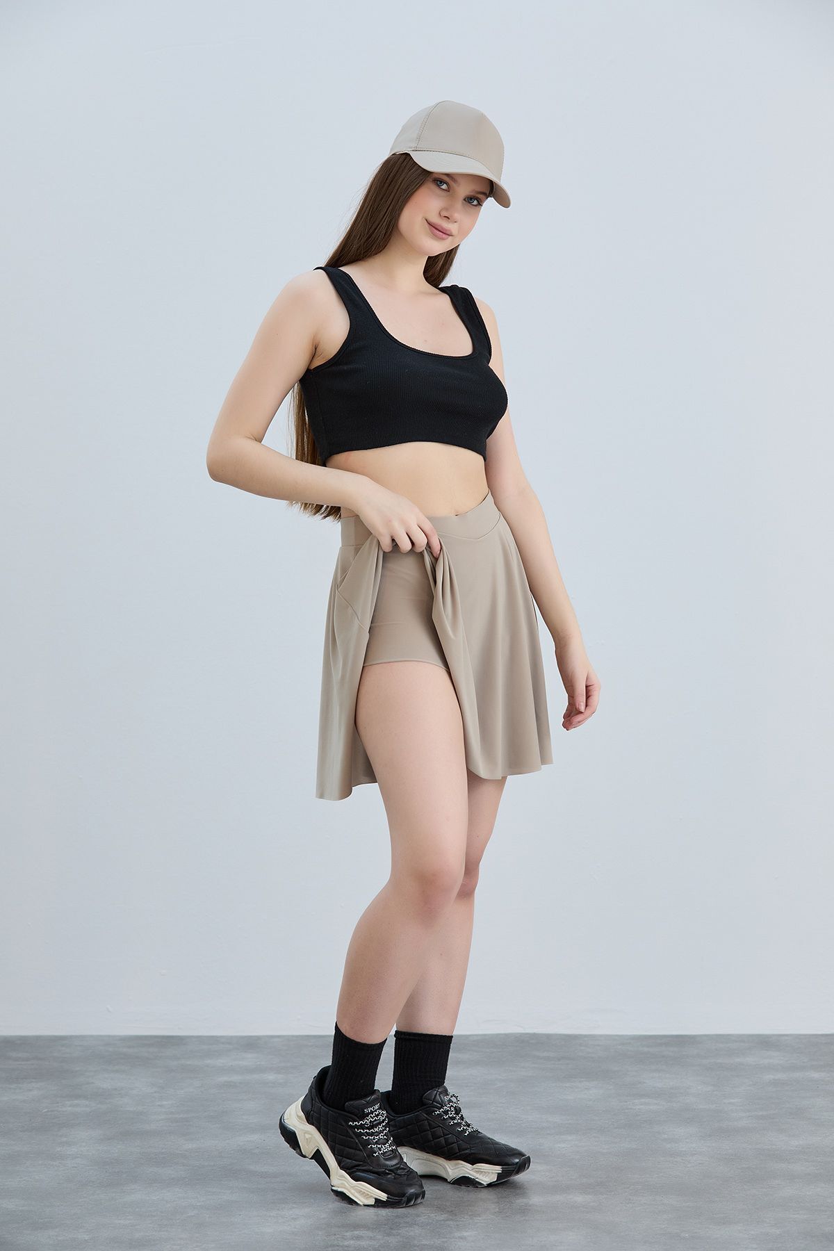 YUSUF CAN KARATAŞ KARATAŞ GİYİM-Mink Flared Sandy Fabric - Fusta scurtă cu volan, talie elastică 5