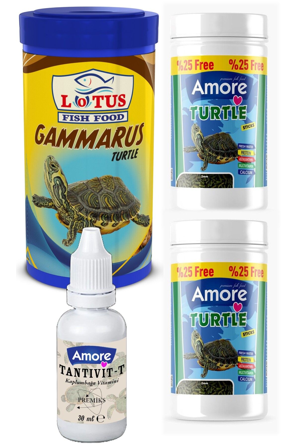 AMORE Turtle Green Sticks 2x125ml, Lotus Gammarus 250ml Sürüngen Ve Kaplumbağa Yemi, Multivitamin