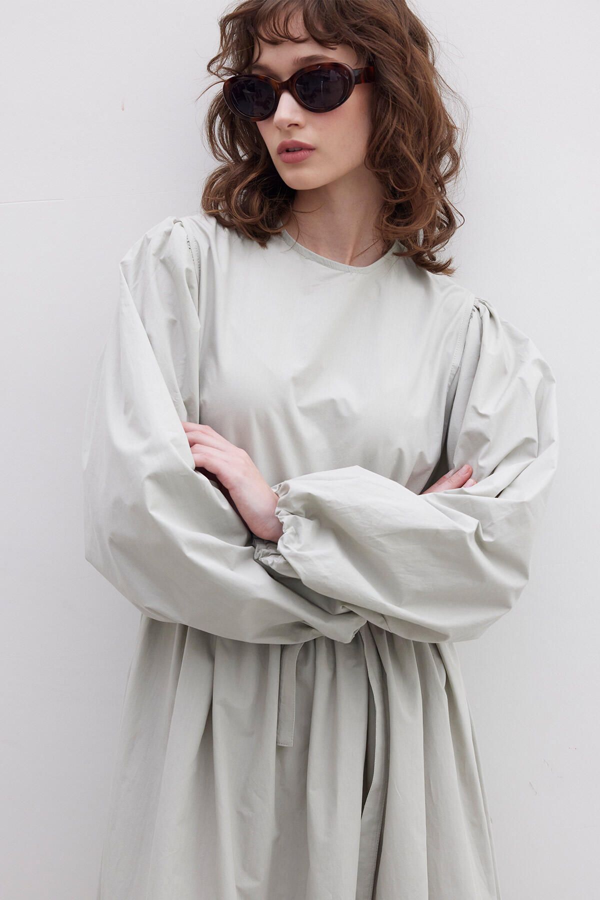 Manuka-Green Premium Poplin Gathered Dress 3