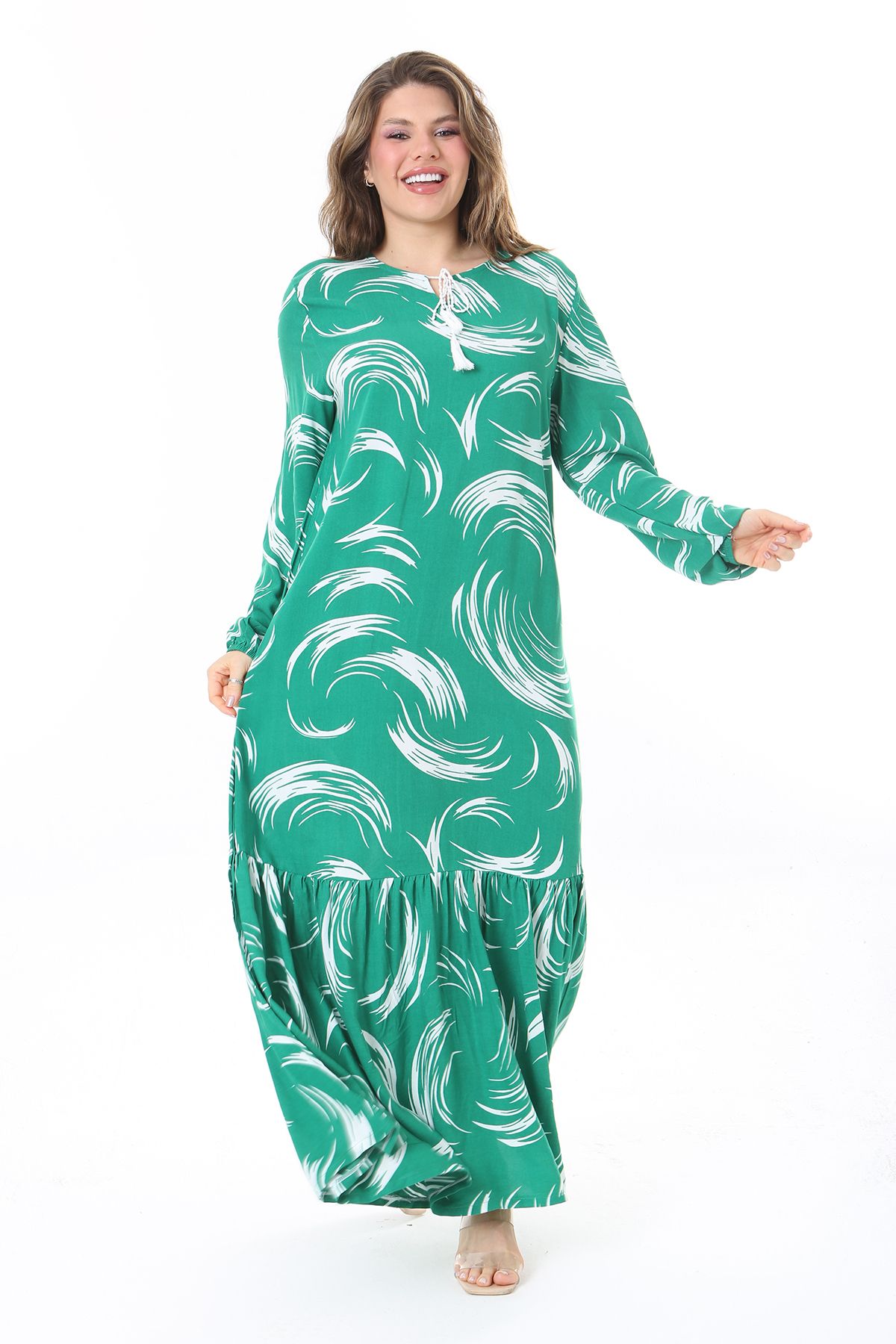 Şans-Green Viscose Plus méretű hosszú ujjú ruha réteges szoknyával - 65N33526 4