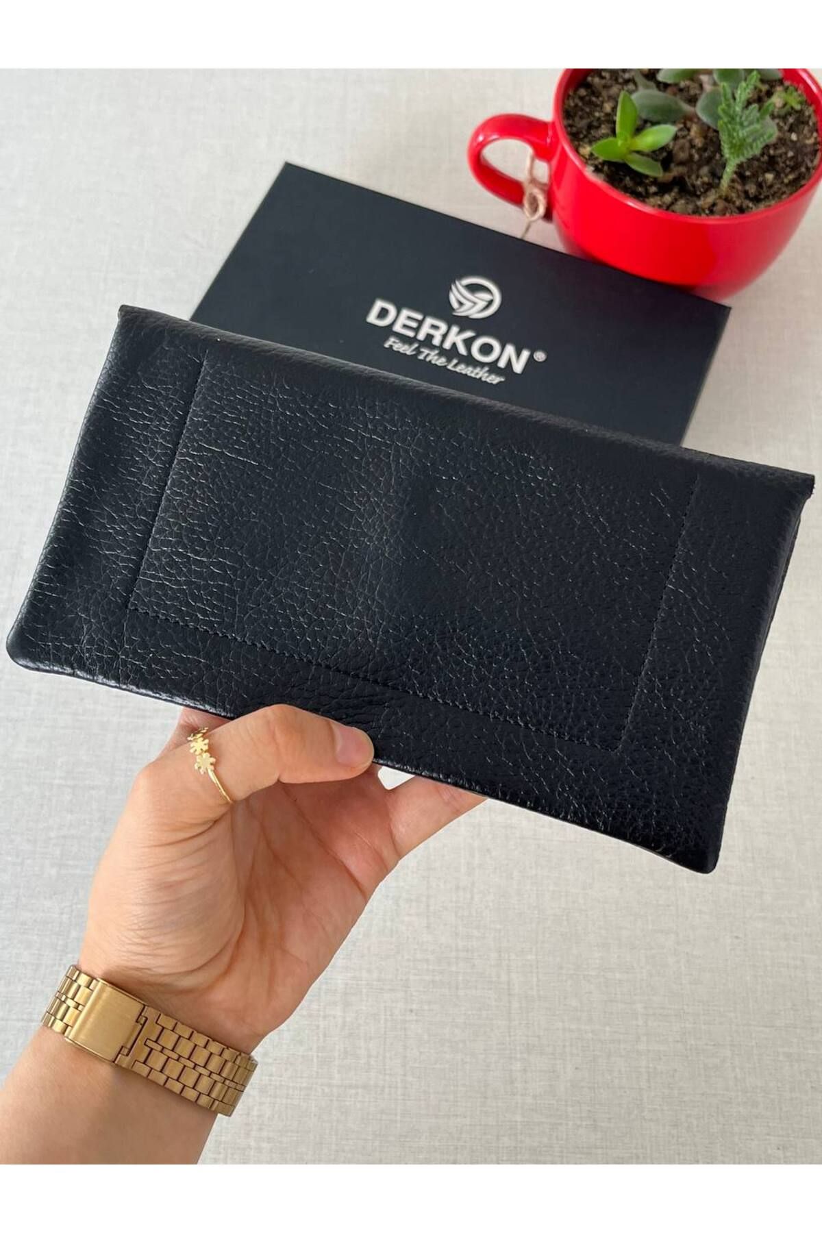 کیف پول مردانه و زنانه قسمت تلفن مدل طبیعی با چرمی واقعی سیاه Derkon