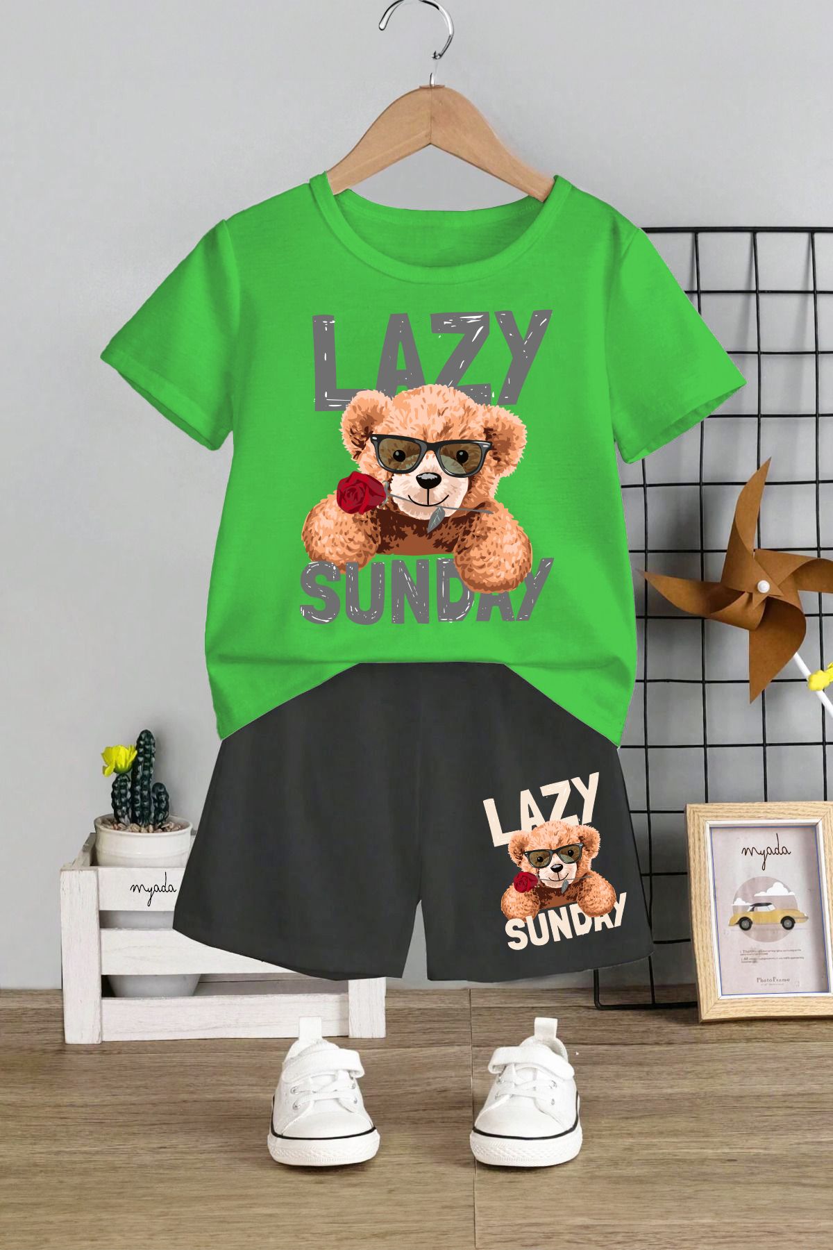 MYADA-Set pentru copii cu decolteu rotund cu imprimeu Lazy Sunday Rose - pantaloni scurți elastici, 12659 1