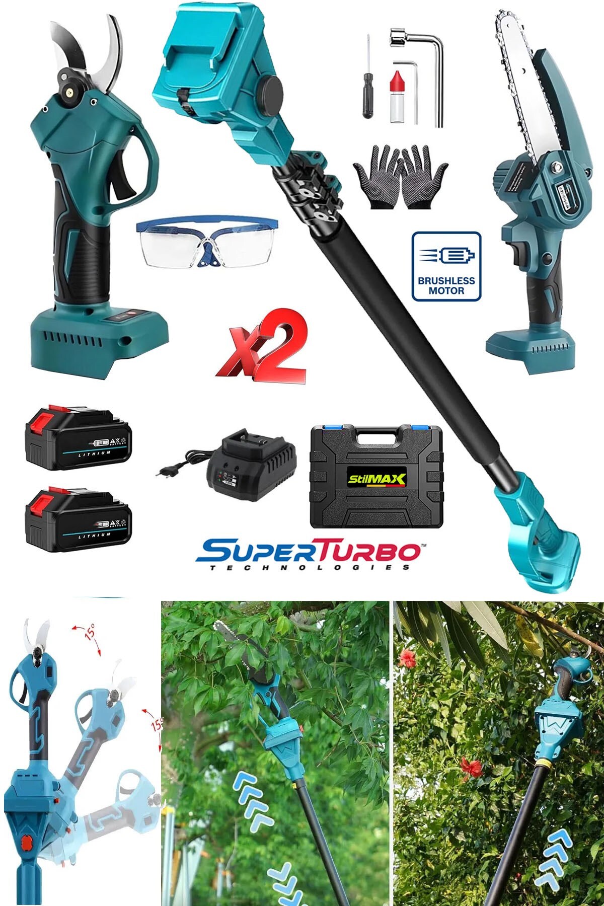 STILMAX 2100VLİON BLUE 2'li Bir Arada Çift Akülü Teleskopik Dal Budama Bağ Makası Seti 2.70Mt