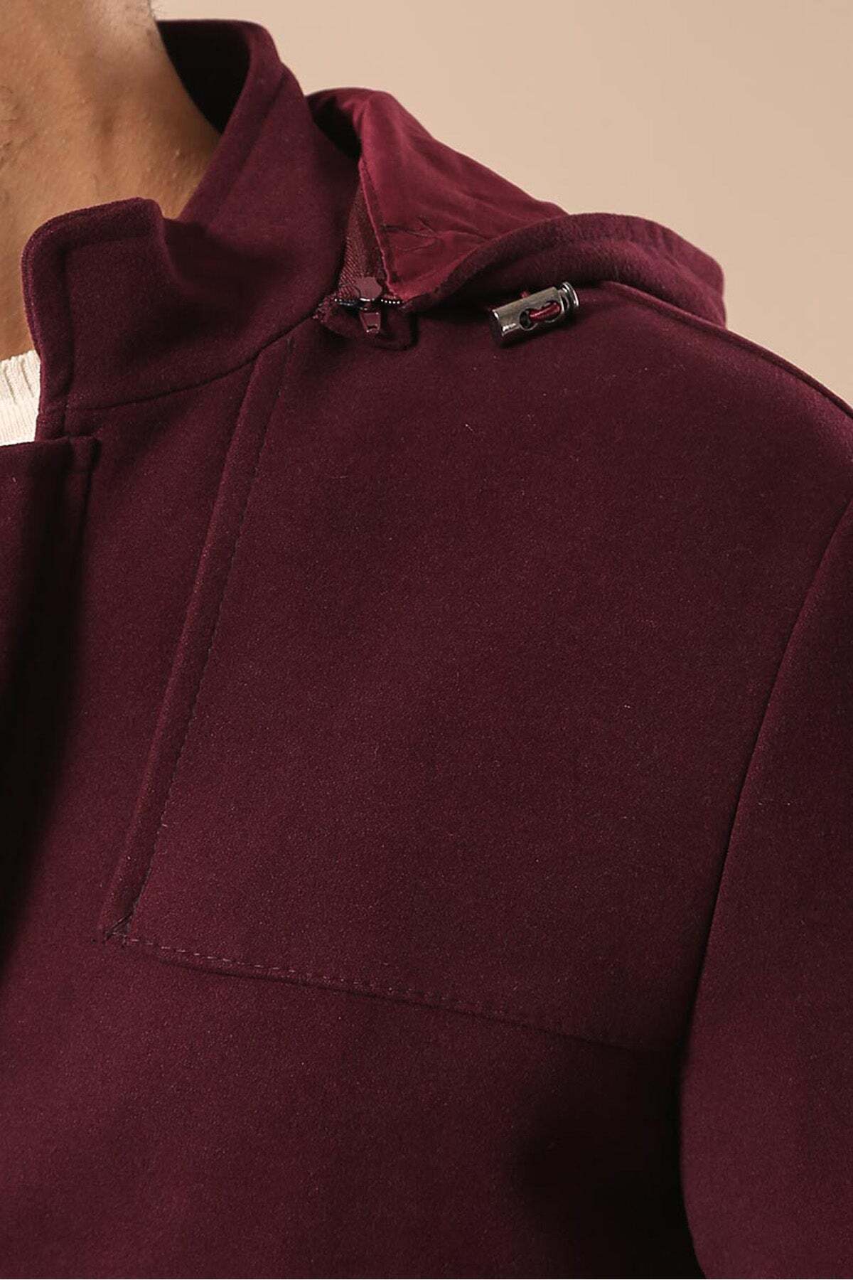 Kol Fermuarlı Kapşonlu Bordo Erkek Kaban - Wessi — زرشکی K-1450-808046 — تصویر 2 از 4