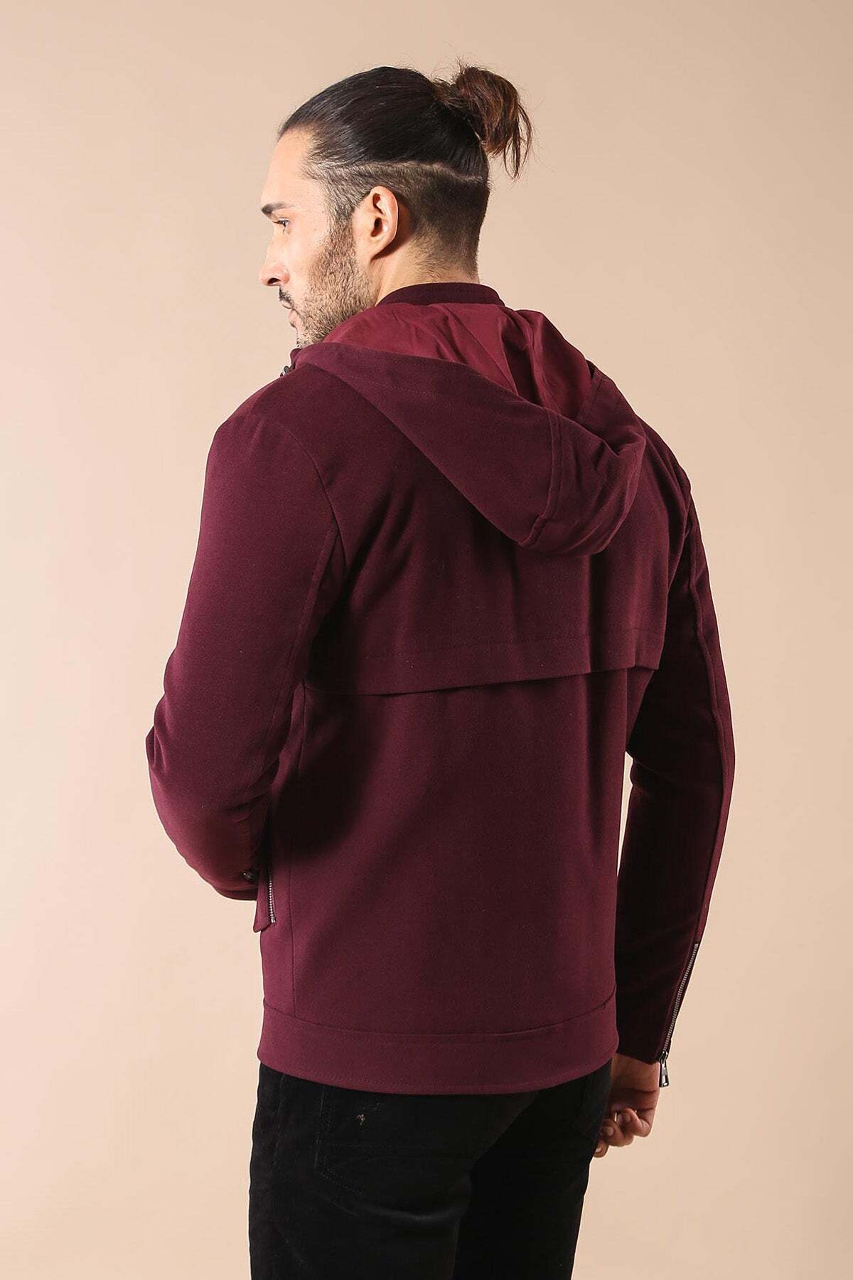 Kol Fermuarlı Kapşonlu Bordo Erkek Kaban - Wessi — زرشکی K-1450-808046 — تصویر 4 از 4
