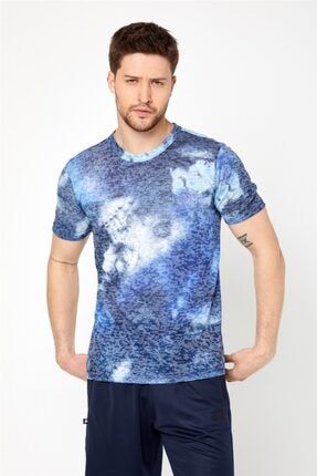 Mavi Batik Desenli Bisiklet Yaka Erkek T-shirt 12752
