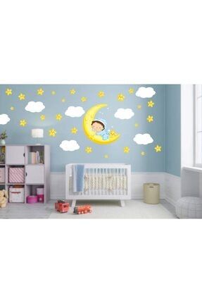 Bebek Çocuk Genç Odası Sticker Ayda Uyuyan Çocuk Yıldız Bulut Duvar Etiketi Süsü Dekoru Ay, yıldzlar, bulut ve uyuyan çocuk