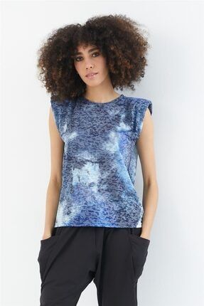 Vatkalı Mavi Batik Desen Kadın T-shirt 13031