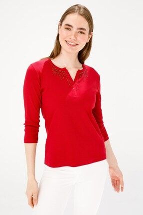 Kadın Açma Yaka Truvakar Kol Sıra Boncuklu Pamuklu T-shirt Kırmızı 21870