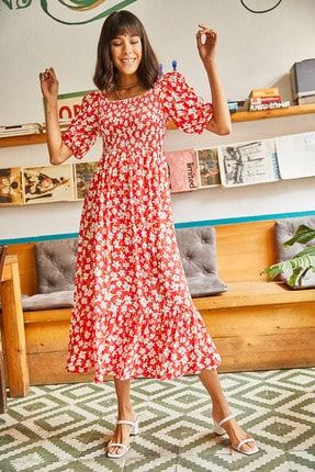 Kadın Kırmızı Çiçekli Gipeli Salaş Dokuma Viskon Elbise ELB-19001483