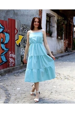 Kadın Su Yeşili Askılı Poplin Elbise 1Y8121MD