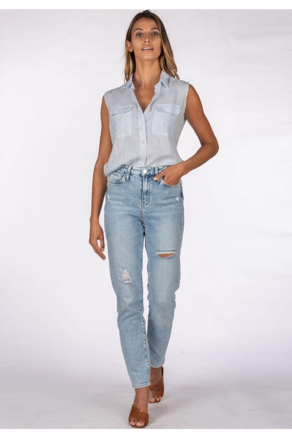 Piola Club  Kadın Sıfır Kol Linen Gömlek - Görsel 6