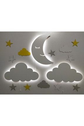 Işıklı Isimli Ay Bulut 2 Li Ahşap Gece Lambası Ledli Dekoratif Aydınlatma Çocuk Odası fbrkahsp0439