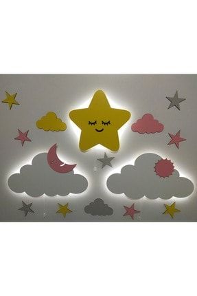 Işıklı Sevimli Yıldız Bulut 2 Li Isimli Ahşap Gece Lambası Ledli Dekoratif Aydınlatma Çocuk Odası fbrkahsp0453