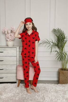 Kız Çoçuk Mickey Desenli Kırmızı Açık Kısa Kollu Pijama Takımı. Göz Bandı Dahildir PM2005A