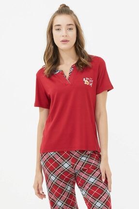 Öpücük Yaka Altı Ekoseli Pijama Takım - Kırmızı 21Y2221-74861.0001-R1800
