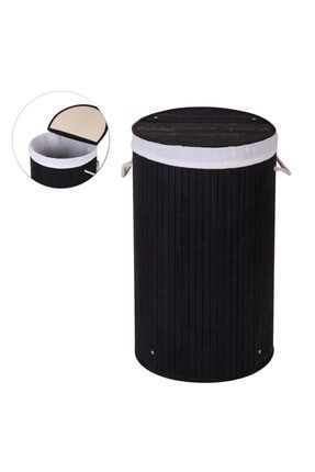 Çamaşır Sepeti Bambu Yuvarlak Siyah Renk Katlanır Kirli Çamaşır Sepeti HN6001-5