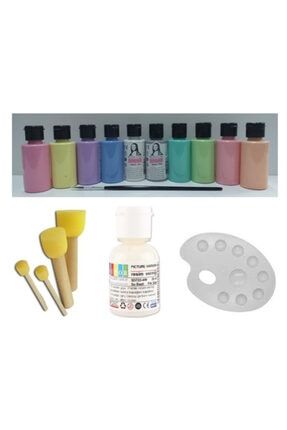 Akrilik Boya Pastel Renk Ponpon Sünger Fırça Palet Resim Verniği Set chakly2