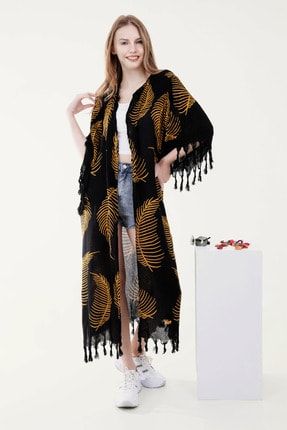 Yazlık Trend Turuncu Yaprak Desen Kaftan Kimono - Kuşaklı - El Baskısı Model 12 - Turuncu Yaprak
