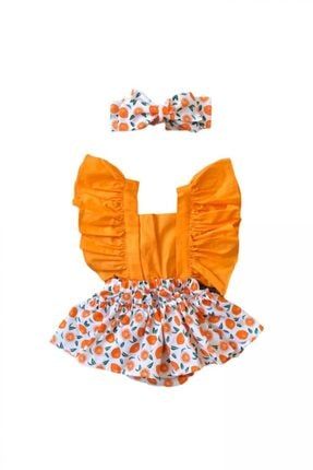Portakal Desenli Salopet & Bandana Kız Çocuk Takım Kızbebek Salopet Takım