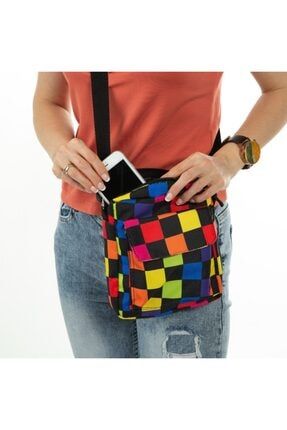 Renkli Dama Desenli Tasarımlı Bag Cırtlı Dik LQTX2369