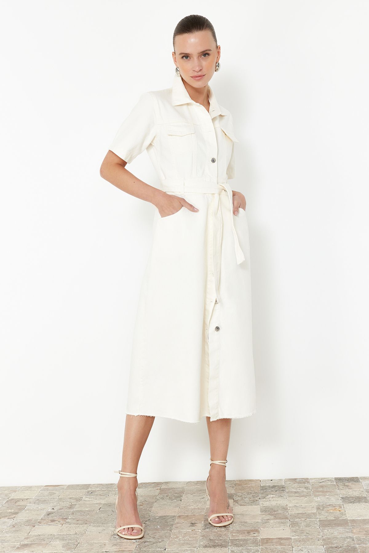 Trendyol Collection Ecru Hemline Tassel Belt Maxi Denim Dress Twoss24El00377