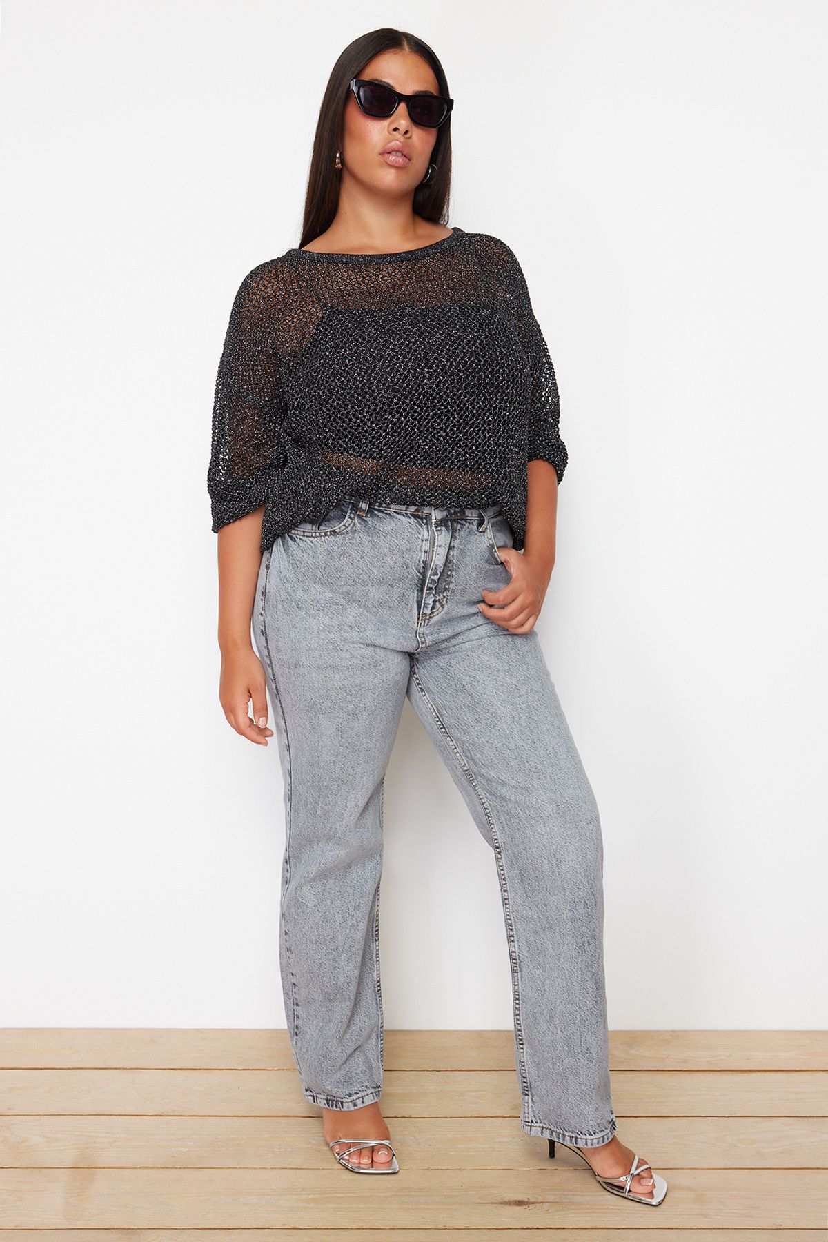 Trendyol Curve-High Waist Gray Long Straight Jeans - TBBSS24CJ00045 3