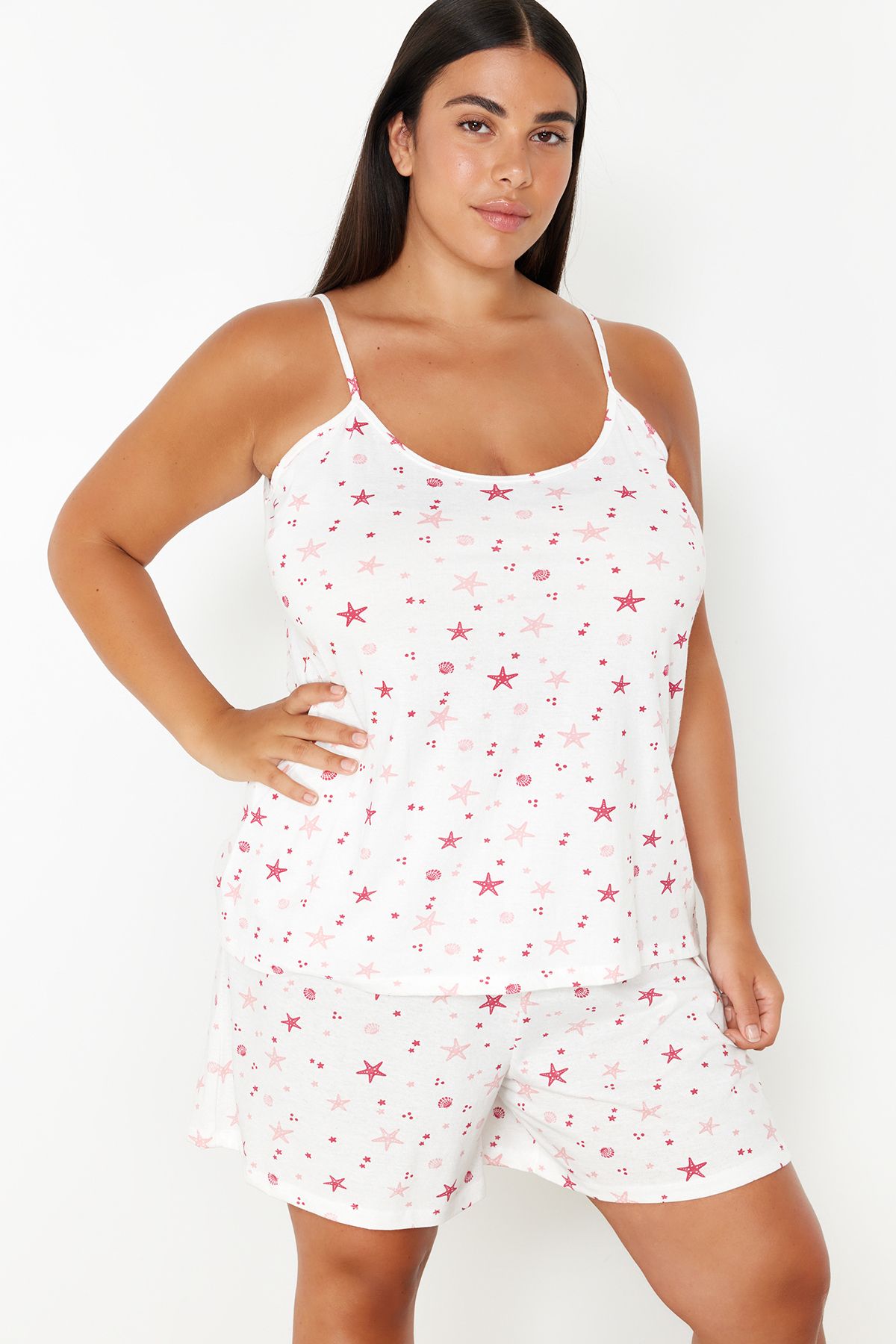 Trendyol Curve-Starfish Patterned Pink Knitted Pajama Set - TBBSS24AI00140 2