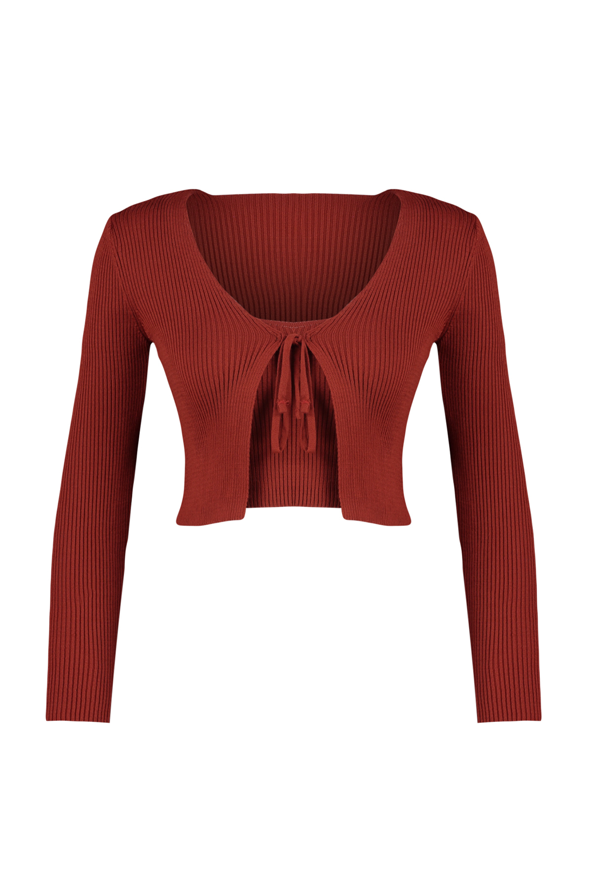 Trendyolmilla  Kiremit Crop Bağlama Detaylı Bluz-Hırka Triko Takım TWOSS21HI0002 - Görsel 6