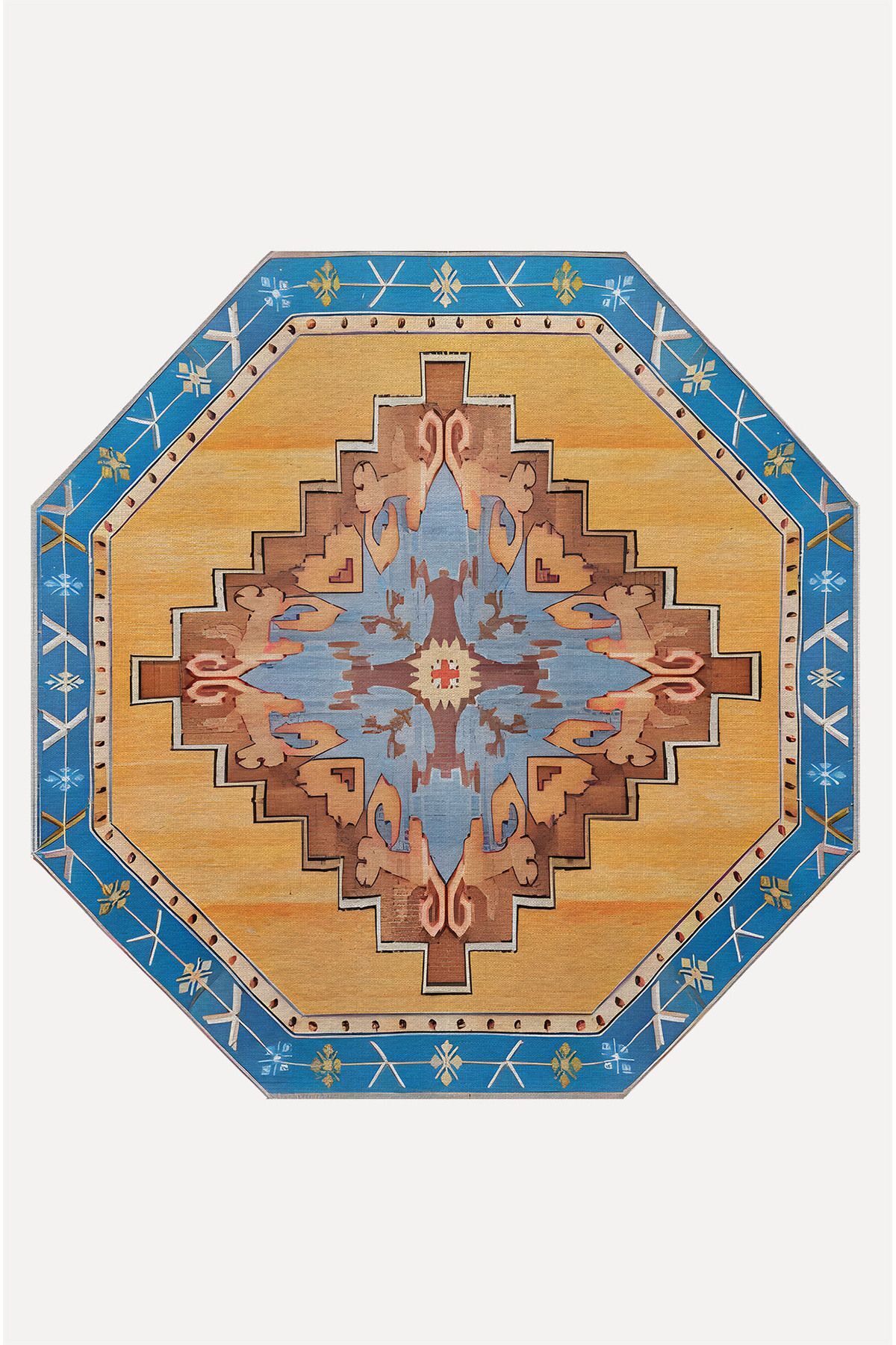 mars halı etnik otantik mavi tonlartında dekoratif  Salon Halısı Saçaklı Yıkanabilen Halı