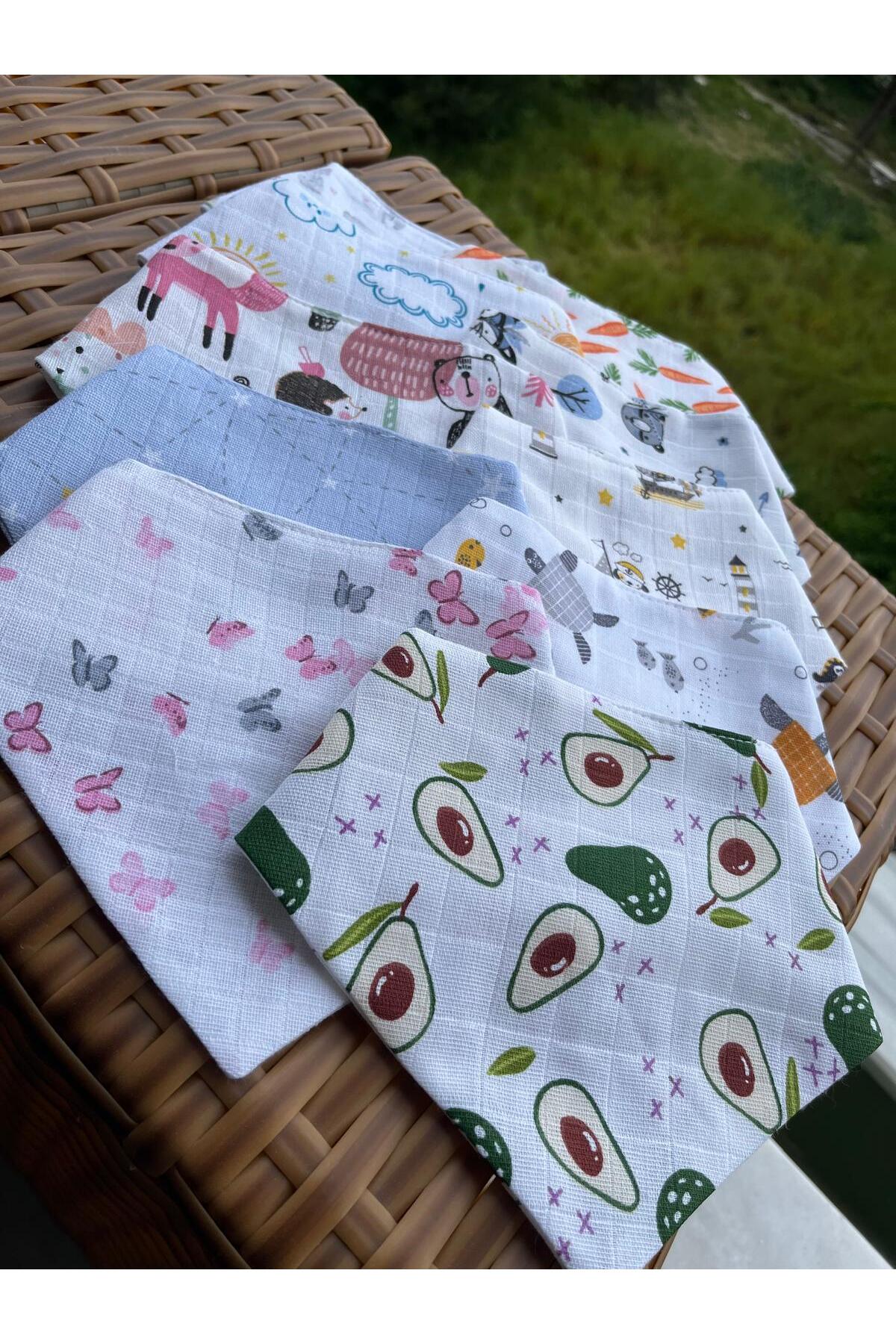 mugaSA - %100 Organik Bebek Önlüğü, Fular, Muslin, Mama Önlüğü, Çıtçıtlı 10'lu ,çift Katlı Desenli fotoğrafı 2 (önizleme)