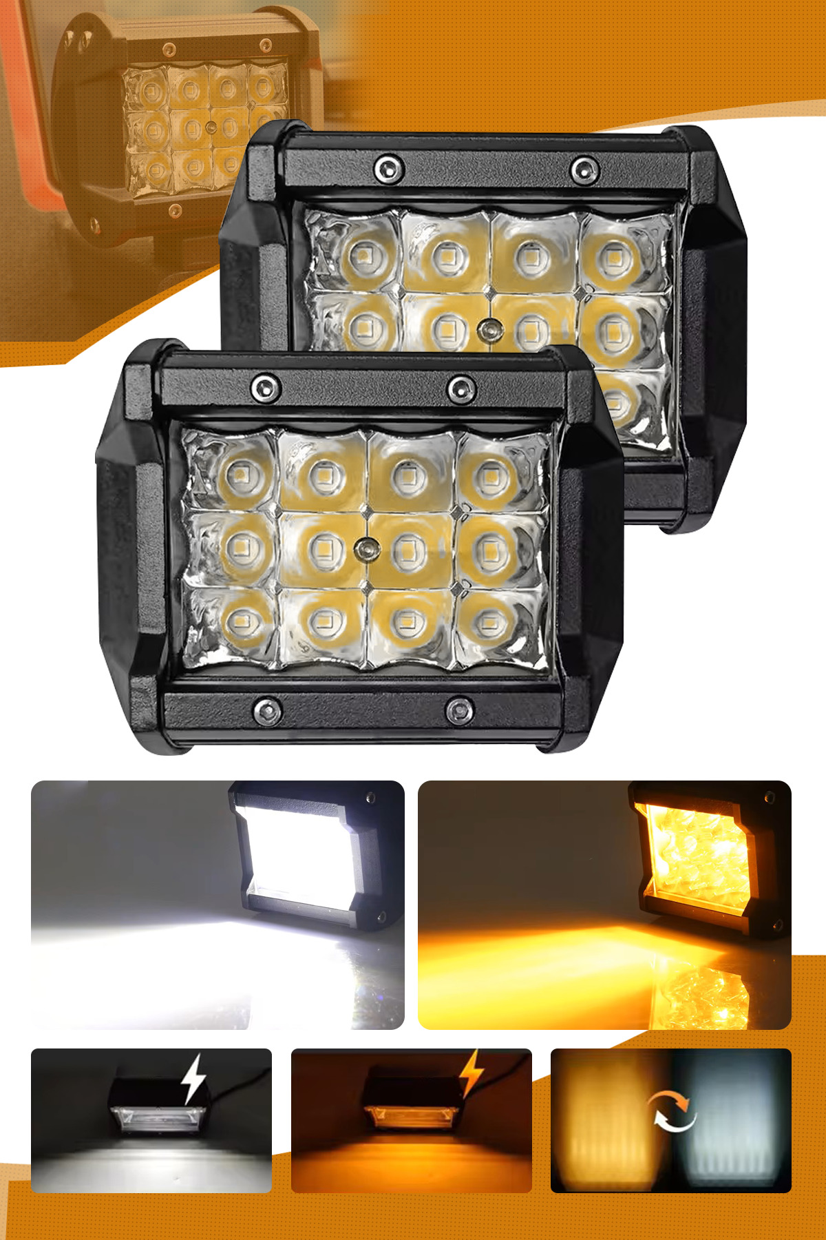 C9 18W 12 Led Motosiklet Çift Sıra Turuncu Beyaz Off Road Led