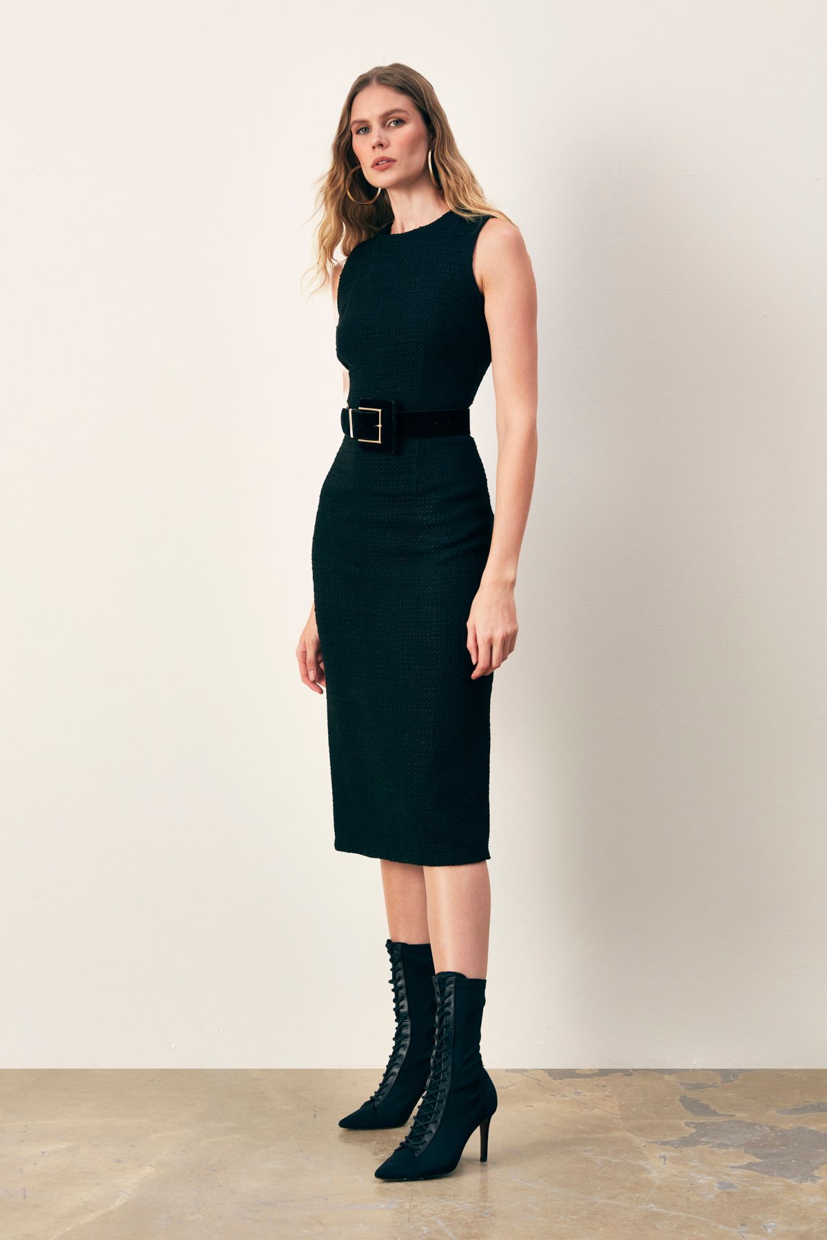 Sateen-Sleeveless Long Tweed Dress - BLACK 3