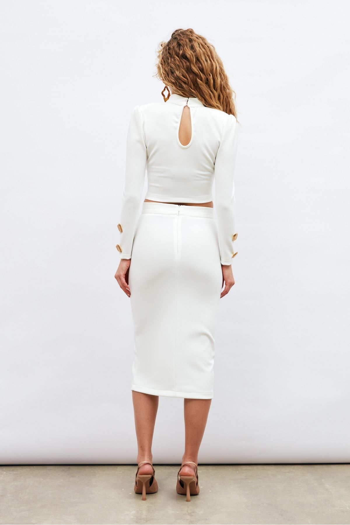 Sateen-Button Detailed Pencil Skirt - Ecru 7