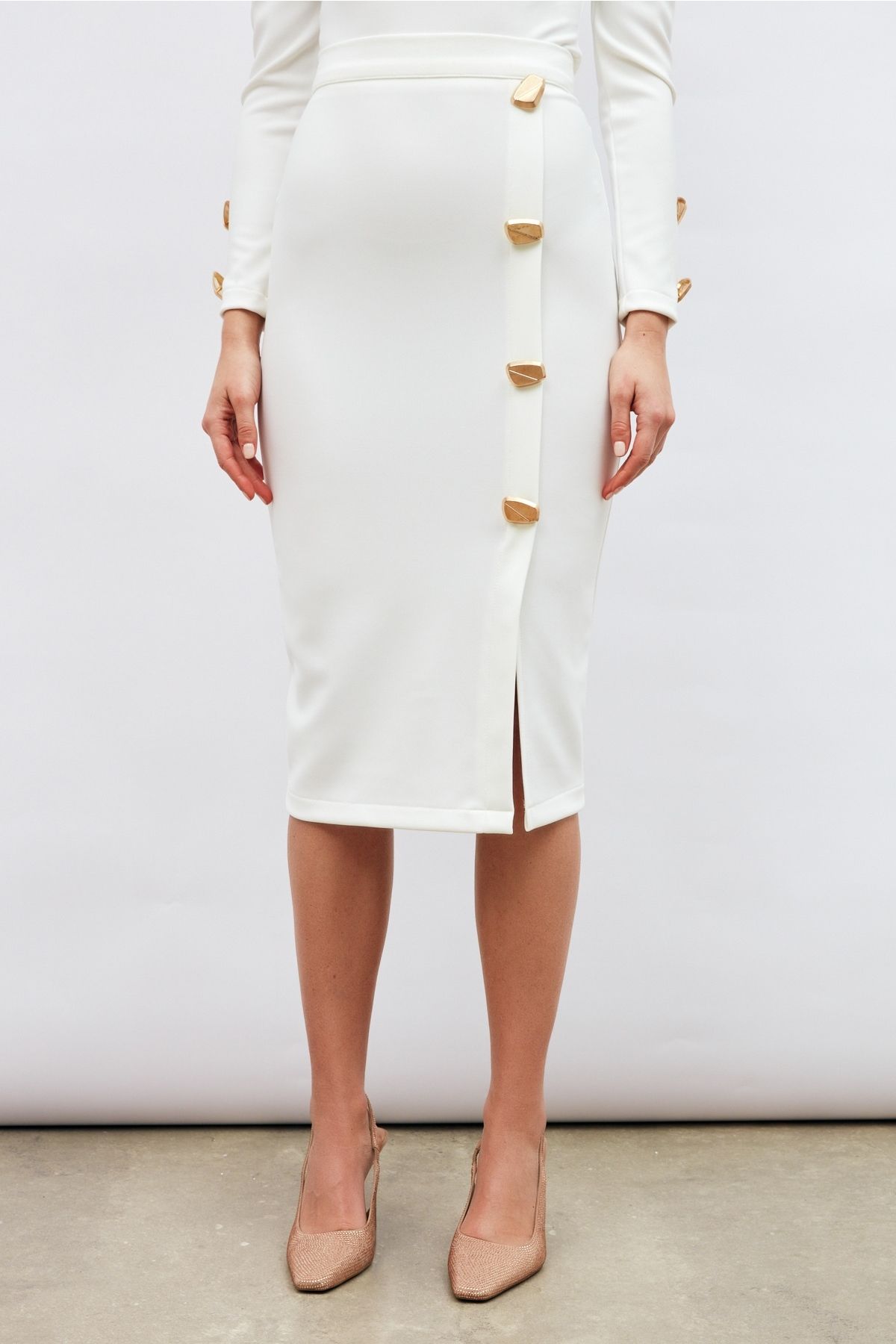Sateen-Button Detailed Pencil Skirt - Ecru 5
