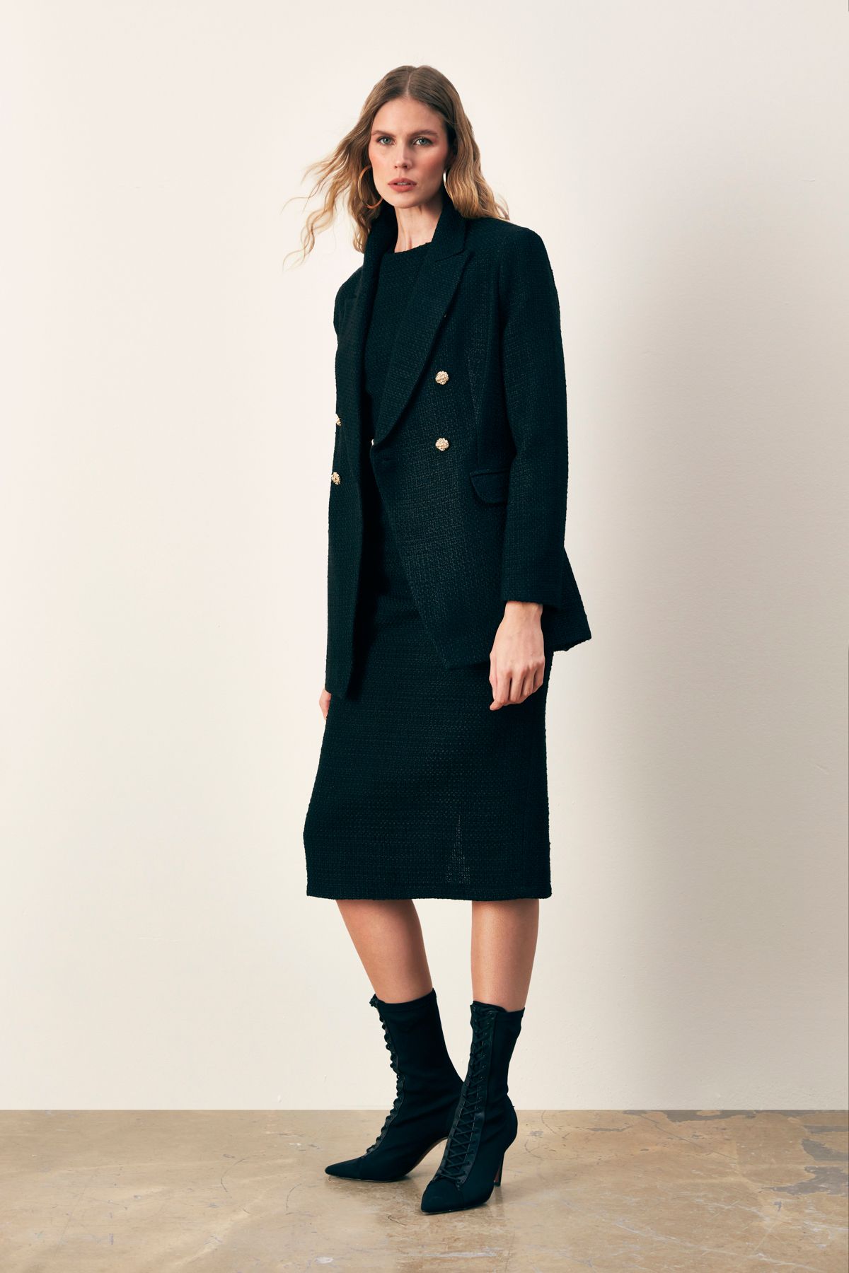 Sateen-Sleeveless Long Tweed Dress - BLACK 5